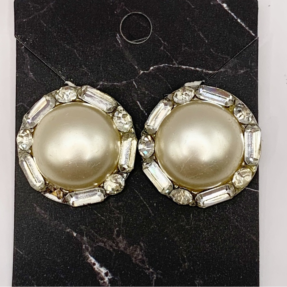 Coro vintage baguette rhinestone pearl round button dome sparkling earrings